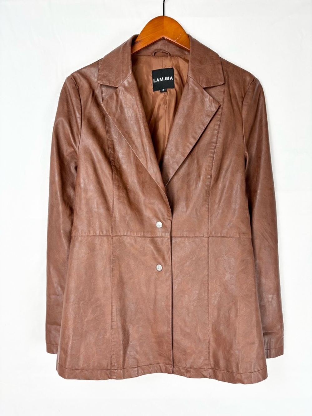 I‎ AM GIA Faux Leather Jacket Blazer Brown Size S Women Mid Length Button